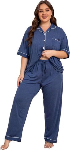 Vozanet Women Plus Size Pajamas Button Down Rayon Softness PJS Classic Sleepwear Short Long Loungewear 2pcs with Pockets in Saudi Arabia