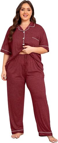 Vozanet Women Plus Size Pajamas Button Down Rayon Softness PJS Classic Sleepwear Short Long Loungewear 2pcs with Pockets in Saudi Arabia