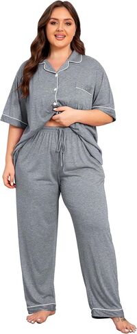 Vozanet Women Plus Size Pajamas Button Down Rayon Softness PJS Classic Sleepwear Short Long Loungewear 2pcs with Pockets in Saudi Arabia