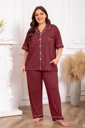 Vozanet Women Plus Size Pajamas Button Down Rayon Softness PJS Classic Sleepwear Short Long Loungewear 2pcs with Pockets in Saudi Arabia