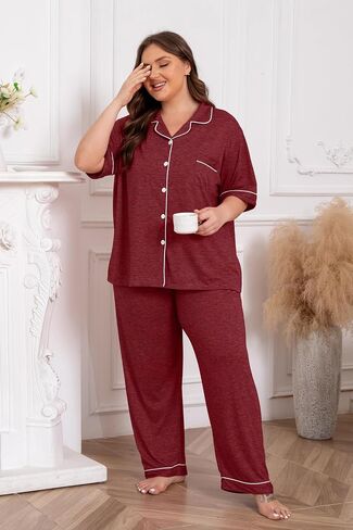 Vozanet Women Plus Size Pajamas Button Down Rayon Softness PJS Classic Sleepwear Short Long Loungewear 2pcs with Pockets in Saudi Arabia