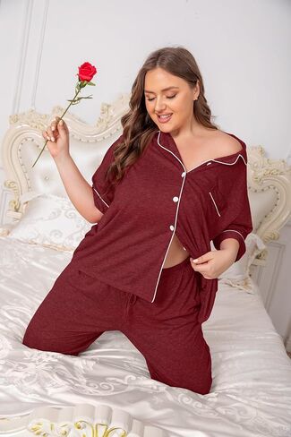 Vozanet Women Plus Size Pajamas Button Down Rayon Softness PJS Classic Sleepwear Short Long Loungewear 2pcs with Pockets in Saudi Arabia