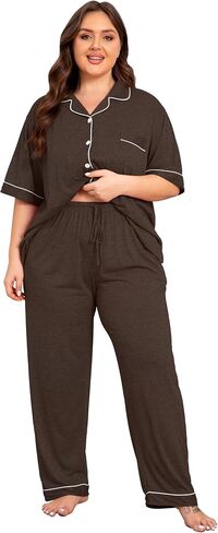 Vozanet Women Plus Size Pajamas Button Down Rayon Softness PJS Classic Sleepwear Short Long Loungewear 2pcs with Pockets in Saudi Arabia