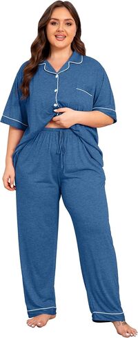Vozanet Women Plus Size Pajamas Button Down Rayon Softness PJS Classic Sleepwear Short Long Loungewear 2pcs with Pockets in Saudi Arabia
