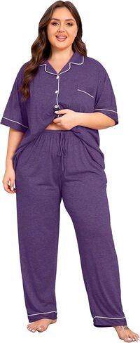 Vozanet Women Plus Size Pajamas Button Down Rayon Softness PJS Classic Sleepwear Short Long Loungewear 2pcs with Pockets in Saudi Arabia