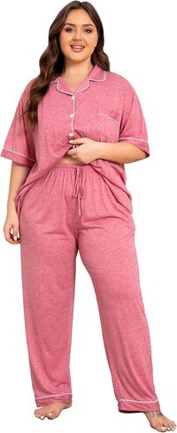 Vozanet Women Plus Size Pajamas Button Down Rayon Softness PJS Classic Sleepwear Short Long Loungewear 2pcs with Pockets in Saudi Arabia