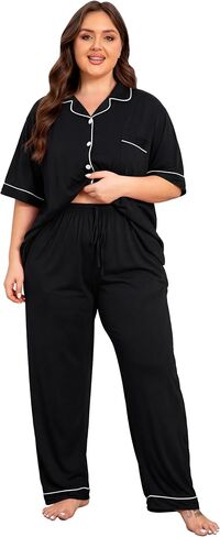 Vozanet Women Plus Size Pajamas Button Down Rayon Softness PJS Classic Sleepwear Short Long Loungewear 2pcs with Pockets in Saudi Arabia