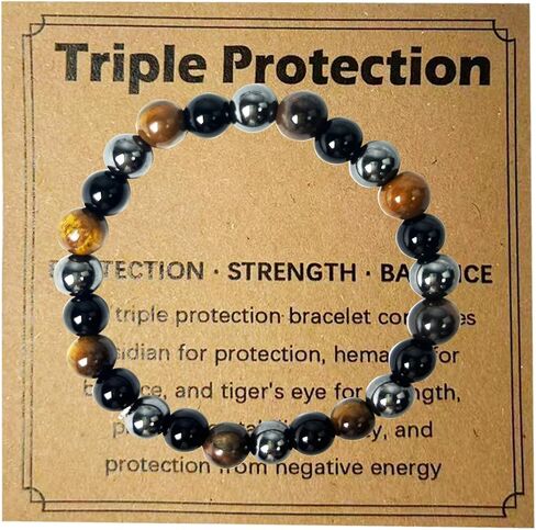 Triple Protection Bracelet, Stretch Elastic Bracelet Natural Stone Jewelry Gift, Strength, Balance for Men & Women, Gifts for Mothers Fathers Day, Christmas, Birthdays, Anniversary in Kuwait