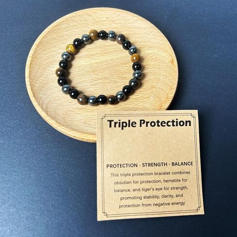 Triple Protection Bracelet, Stretch Elastic Bracelet Natural Stone Jewelry Gift, Strength, Balance for Men & Women, Gifts for Mothers Fathers Day, Christmas, Birthdays, Anniversary in Kuwait