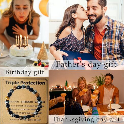 Triple Protection Bracelet, Stretch Elastic Bracelet Natural Stone Jewelry Gift, Strength, Balance for Men & Women, Gifts for Mothers Fathers Day, Christmas, Birthdays, Anniversary in Kuwait