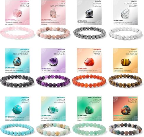 12PCS Natural Crystal Bracelets for Women Men - 8mm Semi-Precious Gemstone Beaded Bracelets, Round Gemstones Stretch Bracelet, Yoga Bracelets Jewelry Gifts in Saudi Arabia