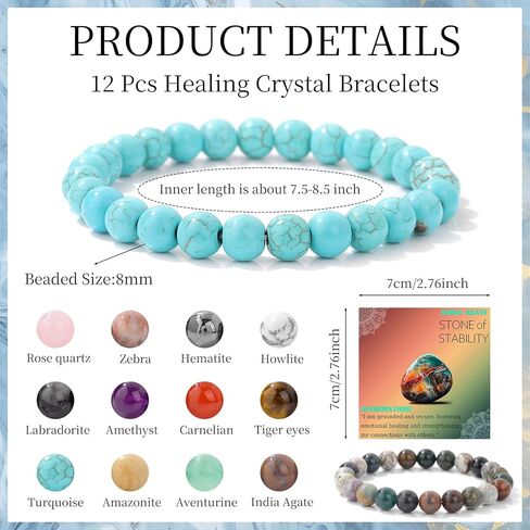 12PCS Natural Crystal Bracelets for Women Men - 8mm Semi-Precious Gemstone Beaded Bracelets, Round Gemstones Stretch Bracelet, Yoga Bracelets Jewelry Gifts in Saudi Arabia