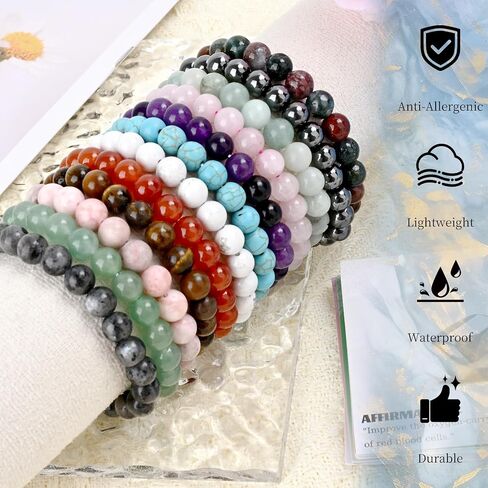 12PCS Natural Crystal Bracelets for Women Men - 8mm Semi-Precious Gemstone Beaded Bracelets, Round Gemstones Stretch Bracelet, Yoga Bracelets Jewelry Gifts in Saudi Arabia