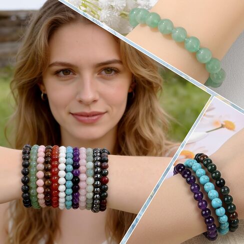 12PCS Natural Crystal Bracelets for Women Men - 8mm Semi-Precious Gemstone Beaded Bracelets, Round Gemstones Stretch Bracelet, Yoga Bracelets Jewelry Gifts in Saudi Arabia