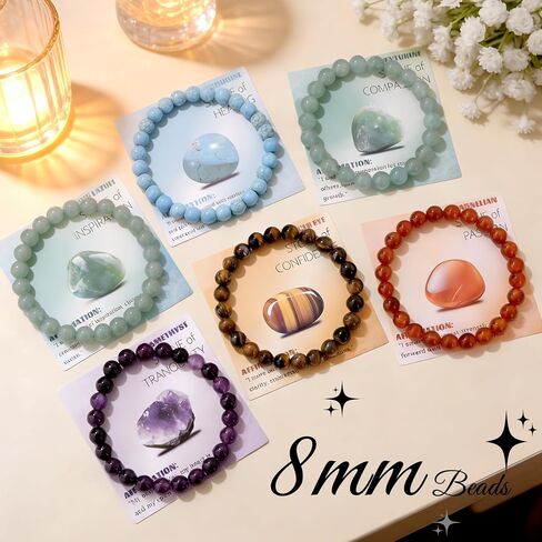 12PCS Natural Crystal Bracelets for Women Men - 8mm Semi-Precious Gemstone Beaded Bracelets, Round Gemstones Stretch Bracelet, Yoga Bracelets Jewelry Gifts in Saudi Arabia