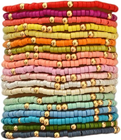 Cute Handmade Colorful Tiny Seed Beads Stackable Bracelets Set Bohemian Gold Beaded Elastic Multilayered Stretch Bracelet for Women Rainbow Surfer Boho Beach Jewelry in Saudi Arabia
