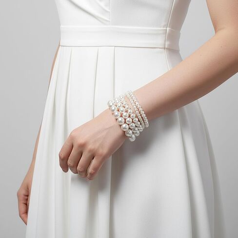 5 Pcs Pearl Bracelets for Women, Stackable Faux Pearl Bracelets Bridal Wedding Elastic Bracelet White Pearl Bracelet Set for Wedding Bridal Party in Saudi Arabia