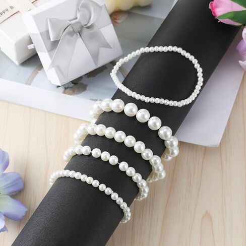 5 Pcs Pearl Bracelets for Women, Stackable Faux Pearl Bracelets Bridal Wedding Elastic Bracelet White Pearl Bracelet Set for Wedding Bridal Party in Saudi Arabia