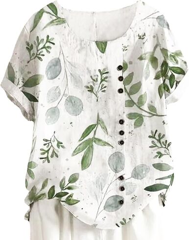 Womens Tunic Tops Plus Size Blouse Dressy Casual Loose Fit Elegant Street Wear Short Sleeve Round Neck Leaf Print in Saudi Arabia
