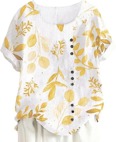 Womens Tunic Tops Plus Size Blouse Dressy Casual Loose Fit Elegant Street Wear Short Sleeve Round Neck Leaf Print in Saudi Arabia