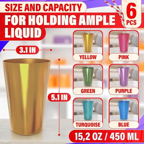6 Pcs Aluminum Tumblers 15 oz - Lightweight, Durable, and Reusable Metal Cups | Vibrant Festive Colors for Hot and Cold Beverages | Sturdy Anodized Design for Parties and Outdoor Use | Dishwasher Safe in Kuwait
