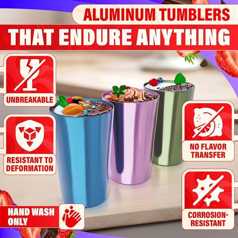 6 Pcs Aluminum Tumblers 15 oz - Lightweight, Durable, and Reusable Metal Cups | Vibrant Festive Colors for Hot and Cold Beverages | Sturdy Anodized Design for Parties and Outdoor Use | Dishwasher Safe in Kuwait