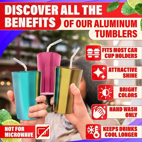 6 Pcs Aluminum Tumblers 15 oz - Lightweight, Durable, and Reusable Metal Cups | Vibrant Festive Colors for Hot and Cold Beverages | Sturdy Anodized Design for Parties and Outdoor Use | Dishwasher Safe in Kuwait