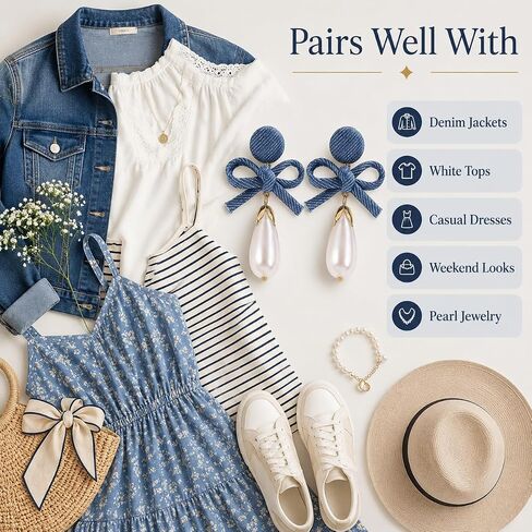 Denim Earrings Accessories Pearl Drop Bow Earrings Denim Shirt Dress Women Western Dress Country Concert Outfits Women in Saudi Arabia