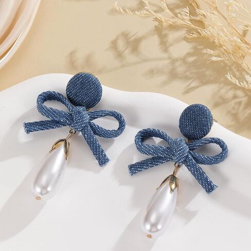 Denim Earrings Accessories Pearl Drop Bow Earrings Denim Shirt Dress Women Western Dress Country Concert Outfits Women in Saudi Arabia
