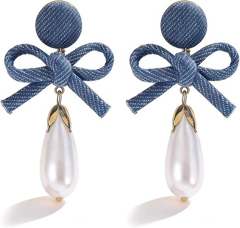 Denim Earrings Accessories Pearl Drop Bow Earrings Denim Shirt Dress Women Western Dress Country Concert Outfits Women in Saudi Arabia