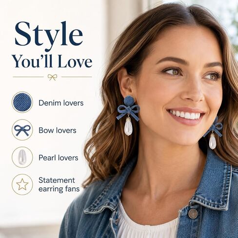 Denim Earrings Accessories Pearl Drop Bow Earrings Denim Shirt Dress Women Western Dress Country Concert Outfits Women in Saudi Arabia
