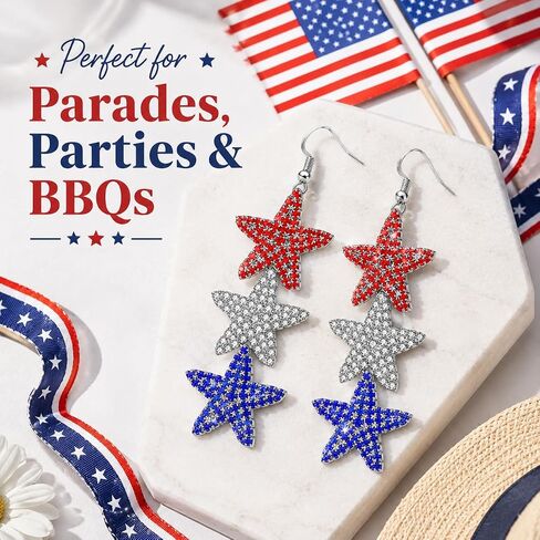 4th of July Independence Day Patriotic Earring for Women American Flag Dangle Earrings Red White Blue USA Earring, Pave Crystal Stud (Star) in Saudi Arabia