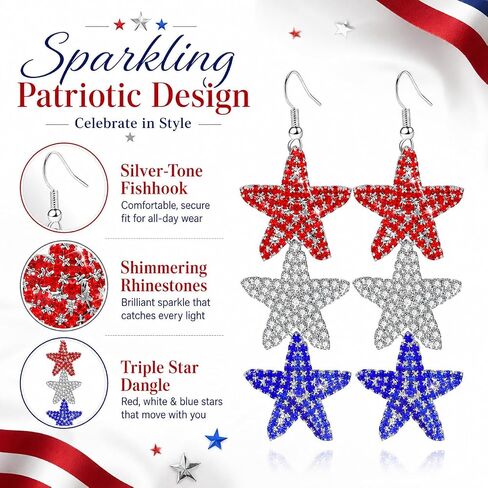 4th of July Independence Day Patriotic Earring for Women American Flag Dangle Earrings Red White Blue USA Earring, Pave Crystal Stud (Star) in Saudi Arabia
