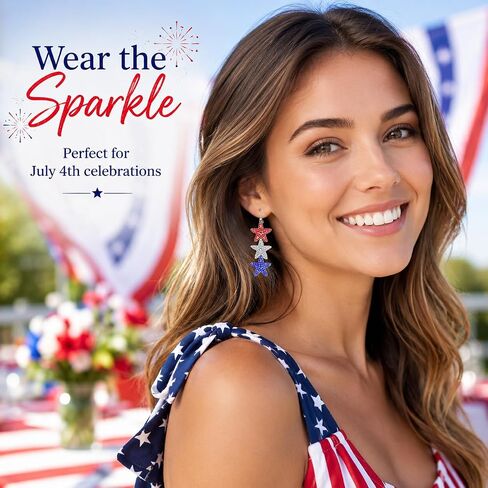 4th of July Independence Day Patriotic Earring for Women American Flag Dangle Earrings Red White Blue USA Earring, Pave Crystal Stud (Star) in Saudi Arabia