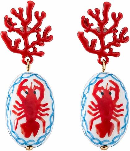Red Summer Beach Earrings for Women, Cute Coral Lobster Fish & Blue Flower Ceramic Y2k Drop Earrings, Boho Tropical Hawaiian Coastal Statement Jewelry Vacation Gift in Saudi Arabia