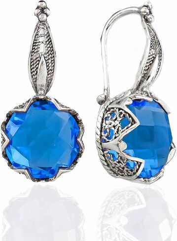 FILIGRANIST 925 Sterling Silver Filigree Art Woman Drop Earrings with Gemstones in Kuwait