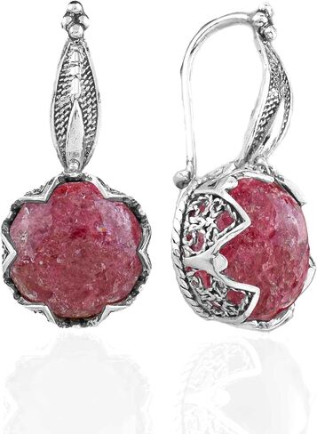 FILIGRANIST 925 Sterling Silver Filigree Art Woman Drop Earrings with Gemstones in Kuwait