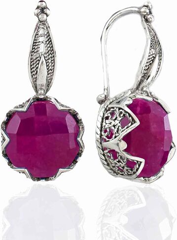 FILIGRANIST 925 Sterling Silver Filigree Art Woman Drop Earrings with Gemstones in Kuwait
