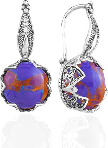 FILIGRANIST 925 Sterling Silver Filigree Art Woman Drop Earrings with Gemstones in Kuwait