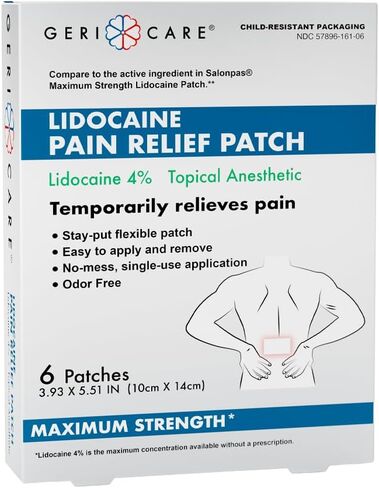 رقعة GeriCare Lidocaine 4%، رقعة تخفيف الآلام ذات القوة القصوى، مخدر موضعي، 10 سم × 14 سم، 6 رقع (عبوة من قطعة واحدة) in Kuwait