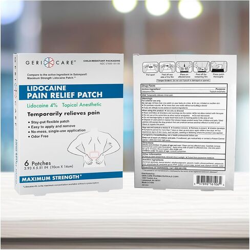 رقعة GeriCare Lidocaine 4%، رقعة تخفيف الآلام ذات القوة القصوى، مخدر موضعي، 10 سم × 14 سم، 6 رقع (عبوة من قطعة واحدة) in Kuwait