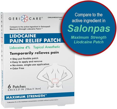 رقعة GeriCare Lidocaine 4%، رقعة تخفيف الآلام ذات القوة القصوى، مخدر موضعي، 10 سم × 14 سم، 6 رقع (عبوة من قطعة واحدة) in Kuwait