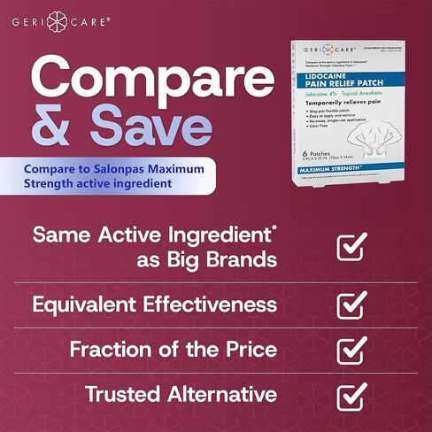 رقعة GeriCare Lidocaine 4%، رقعة تخفيف الآلام ذات القوة القصوى، مخدر موضعي، 10 سم × 14 سم، 6 رقع (عبوة من قطعة واحدة) in Kuwait
