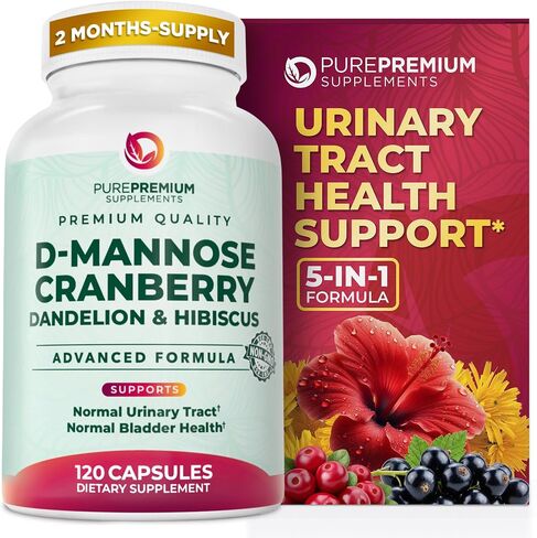 PurePremium D-Mannose with Cranberry, Hibiscus & Dandelion - 1000mg D-Mannose Supplements for Women Supports Urinary Tract Health & Bladder Health - Made in USA, Vegan, 120 Capsules, 2 Month Supply in Saudi Arabia