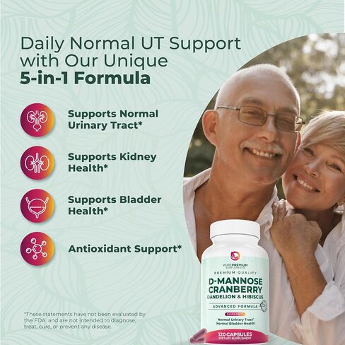 PurePremium D-Mannose with Cranberry, Hibiscus & Dandelion - 1000mg D-Mannose Supplements for Women Supports Urinary Tract Health & Bladder Health - Made in USA, Vegan, 120 Capsules, 2 Month Supply in Saudi Arabia