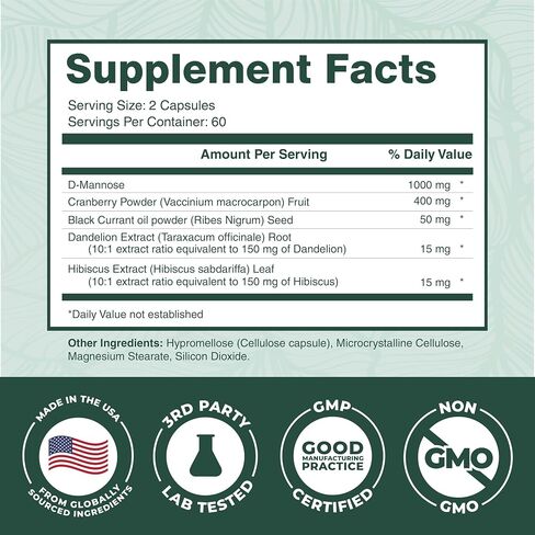 PurePremium D-Mannose with Cranberry, Hibiscus & Dandelion - 1000mg D-Mannose Supplements for Women Supports Urinary Tract Health & Bladder Health - Made in USA, Vegan, 120 Capsules, 2 Month Supply in Saudi Arabia
