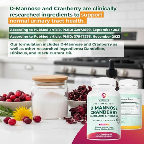 PurePremium D-Mannose with Cranberry, Hibiscus & Dandelion - 1000mg D-Mannose Supplements for Women Supports Urinary Tract Health & Bladder Health - Made in USA, Vegan, 120 Capsules, 2 Month Supply in Saudi Arabia