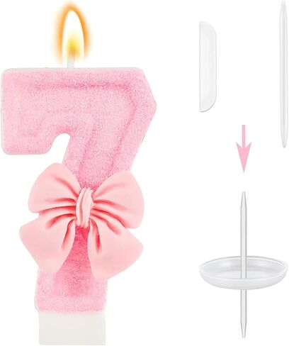 Number 7 Birthday Candle Set, Pink Glitter Bowknot, Cake Topper for Birthday Party Girls Anniversary Wedding in Saudi Arabia