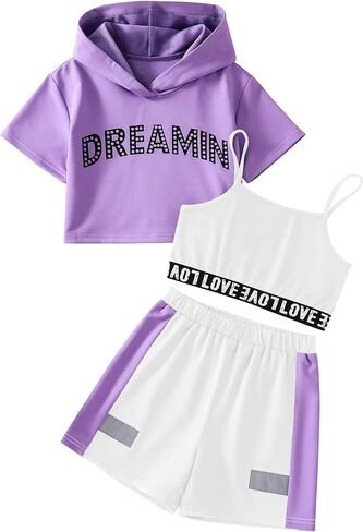 Girl's Summer 3 Piece Outfits Graphic Crop Top and Camisole with Shorts Set in Kuwait