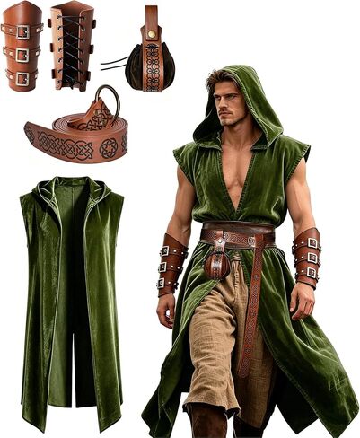 Medieval Renaissance Hooded Sleeveless Cloak Costume Set with Leather Belt, Arm Bracers and Pouch for Men, Halloween Cosplay Outfit in Saudi Arabia